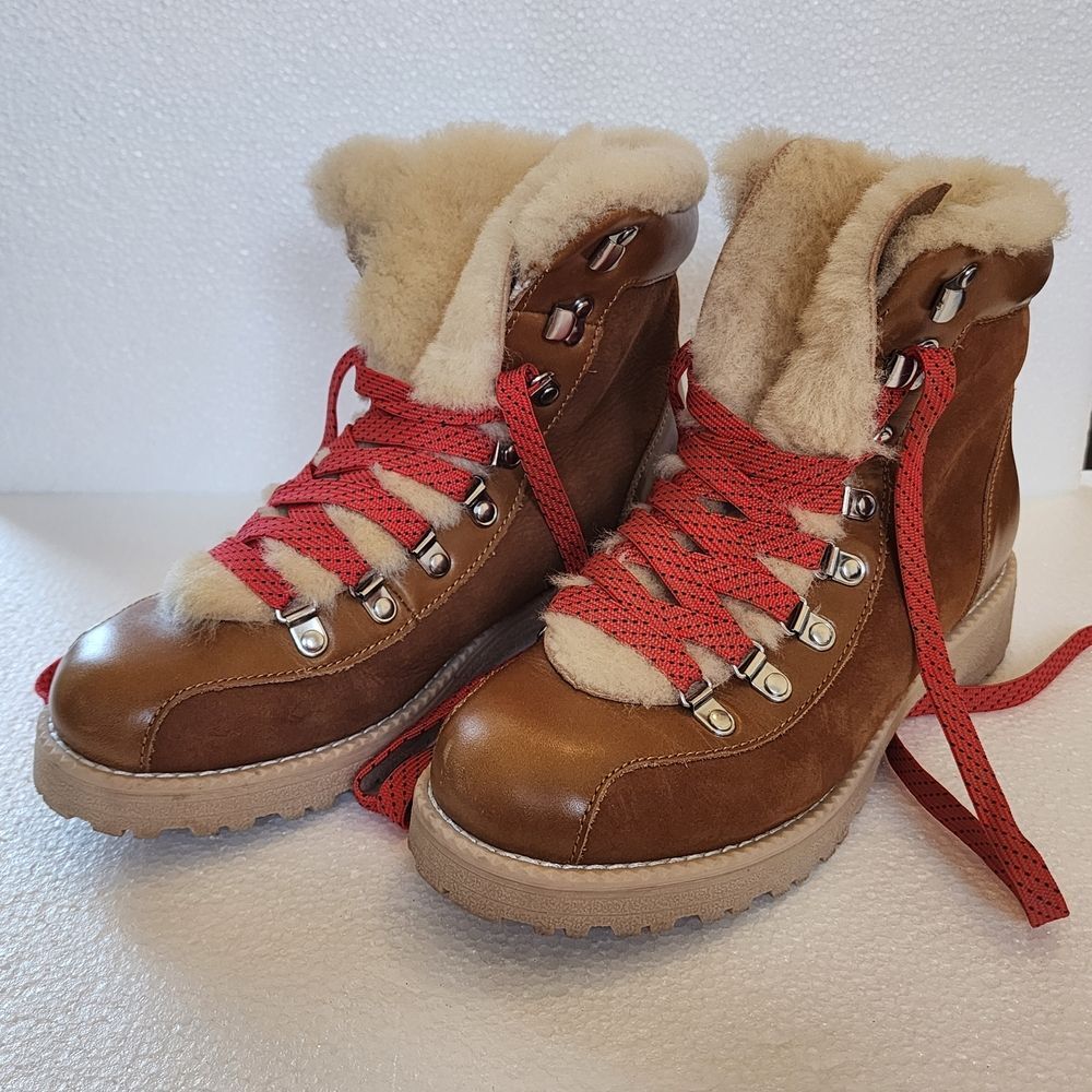 J. Crew Brown Nordic Nubuck Shearling-Trim Winter Boots with Red Laces